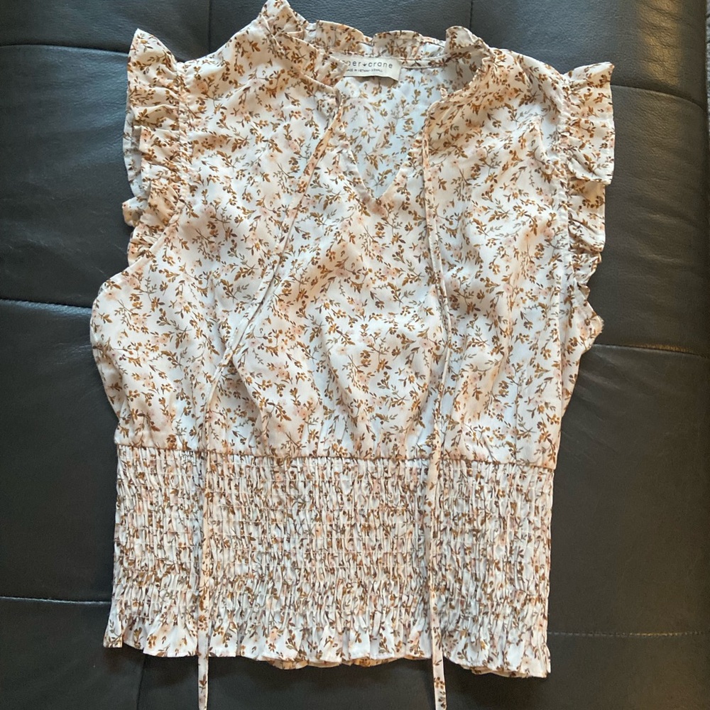 Paper Crane Floral Ruffle Top in Cream and Brown